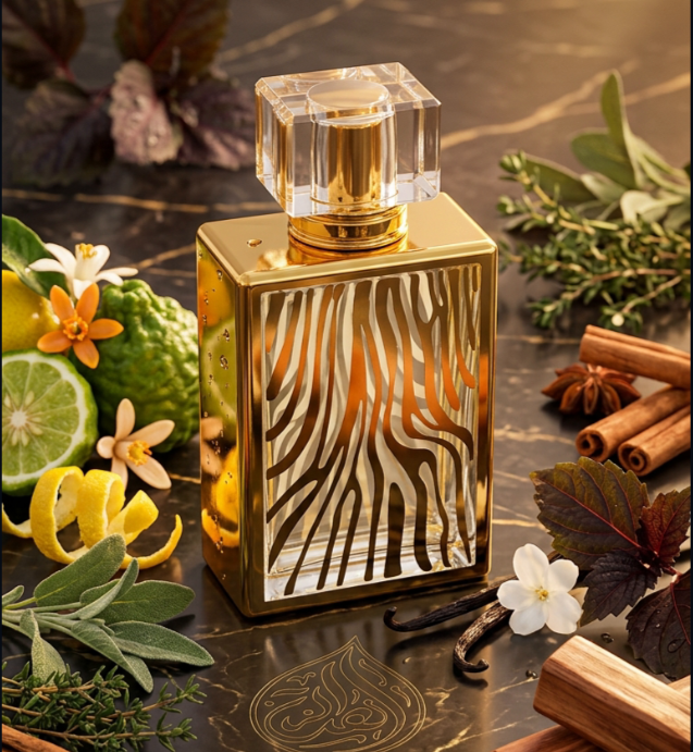 Gold and zebra-patterned perfume bottle on a decorative surface with flowers and leaves.